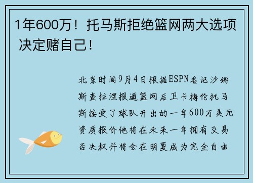 1年600万！托马斯拒绝篮网两大选项 决定赌自己！