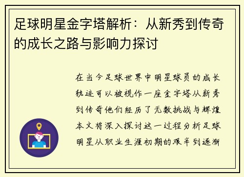 足球明星金字塔解析：从新秀到传奇的成长之路与影响力探讨